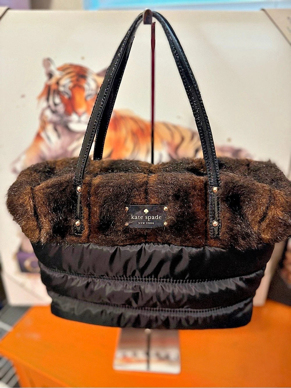 Kate Spade Faux Fur Trim Tote in Black & Brown